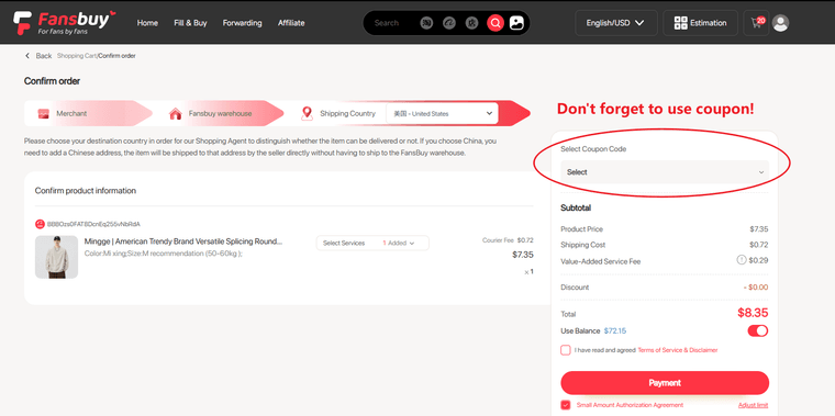 Fansbuy step 3: Confirm the order & pay